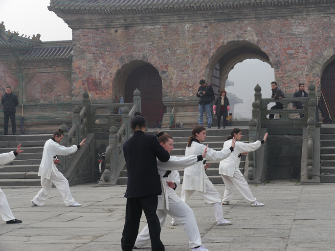 我馆的国外传统武术班学员为记者展示武当玄武拳
